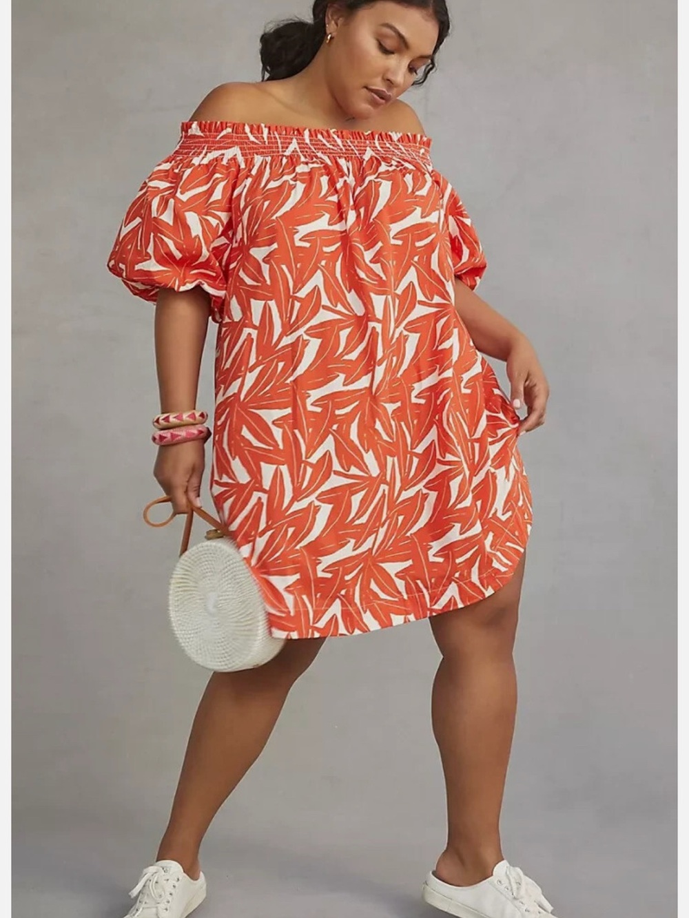 WHIT TWO Off-Shoulder Leaf Print Dress